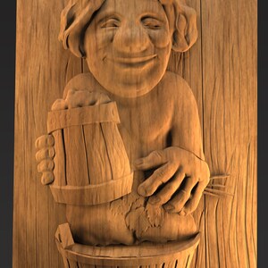 May include: Wooden relief carving of a smiling figure holding a beer stein and a bowl. The carving is mounted on a wooden plank background. The figure has curly hair and is depicted in a jovial pose. The carving is made of light brown wood.