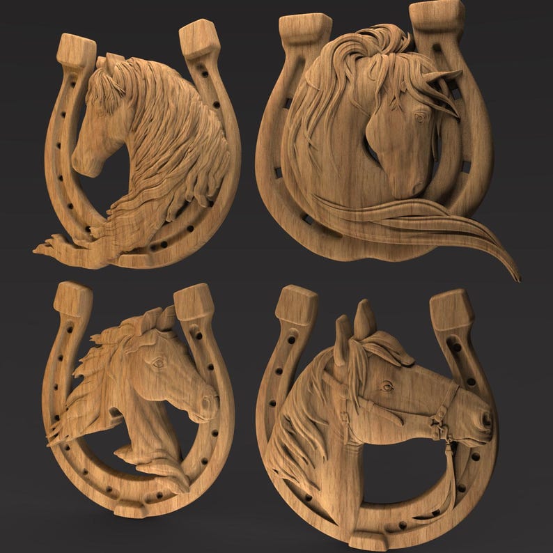 May include: Four wooden horse head carvings within horseshoe frames. Each carving showcases a different horse head design, with detailed manes and facial features. The wood has a natural, light brown color, and the background is a dark gray.