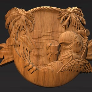 May include: Wooden carved wall art featuring a parrot with a tropical beach scene. The artwork includes palm trees, a rope border, and a detailed relief carving. The parrot is holding a drink, and the overall design evokes a vacation theme.
