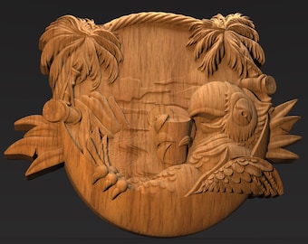 Tropical Parrot and Palm Trees CNC Relief Carving Files (STL, VCarve, G-Code)
