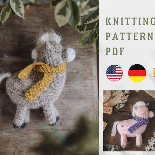Cute horse and unicorn knitting pattern. Amigurumi toys. Сhildren's soft toy. Knitted animals. Fairytale unicorn