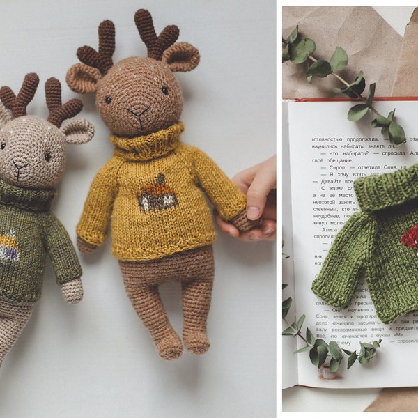 Patron pdf pour crocheter un cerf dans un pull en anglais. Amigurumi, joli cerf, animal au crochet