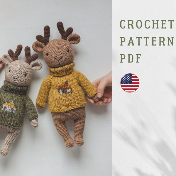 Patron pdf pour crocheter un cerf dans un pull en anglais. Amigurumi, joli cerf, animal au crochet