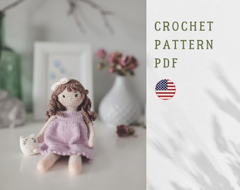 Doll Jane with a cat. PDF crochet pattern in English.  Amigurumi toy. Crochet doll pattern