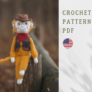 PDF pattern : crochet monkey dressed as a cowboy. Amigurumi pattern. Cute toy monkey.