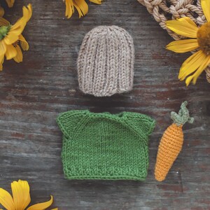Puede incluir: Un conjunto de ropa de beb&eacute; de punto, que incluye un jersey verde, un gorro beige y una zanahoria naranja de ganchillo. Los art&iacute;culos est&aacute;n dispuestos sobre una superficie de madera con girasoles.
