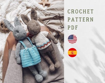 Crochet bunny pattern in crochet skirt and knitted t-shirt. Amigurumi bunny with long legs. Cute crochet toy.