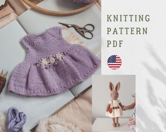 PDF PATTERN  knitted bunny dress with embroidery + crochet bag, stuffed animals clothes, Doll dress pattern