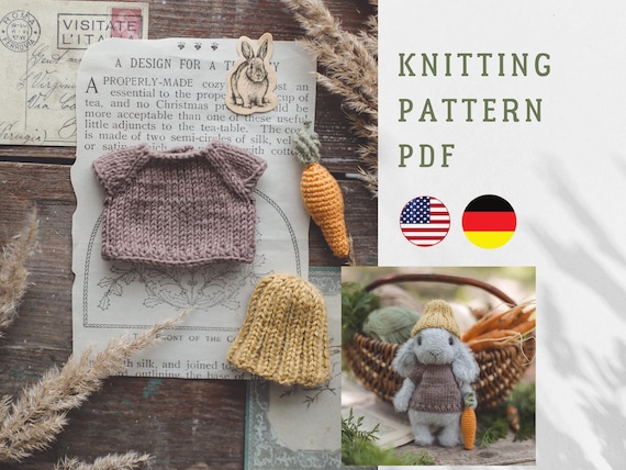 Outfit for bunny.  Knitted T-shirt, hat and crochet carrot for little bunny.