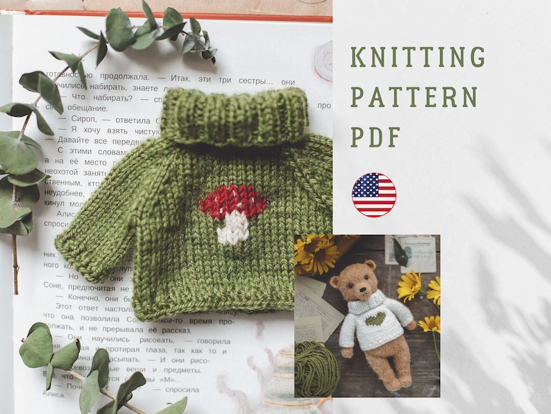 May include: Knitting pattern PDF for a green sweater with a mushroom design. The pattern is available in English and includes a US flag icon. The image also shows a teddy bear wearing a white sweater with a heart design.