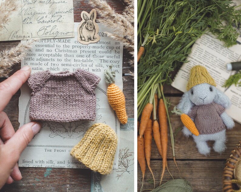 Puede incluir: Un conejito de crochet con un su&eacute;ter marr&oacute;n y un gorro amarillo sostiene una zanahoria de crochet. El conejito est&aacute; sentado sobre una superficie de madera con un mont&oacute;n de zanahorias y follaje verde.