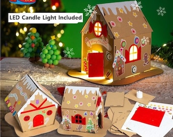 Scandi Christmas Village Cardboard House with LED Candle, Contemporary Modern Design, Hygge Mantel Decoration