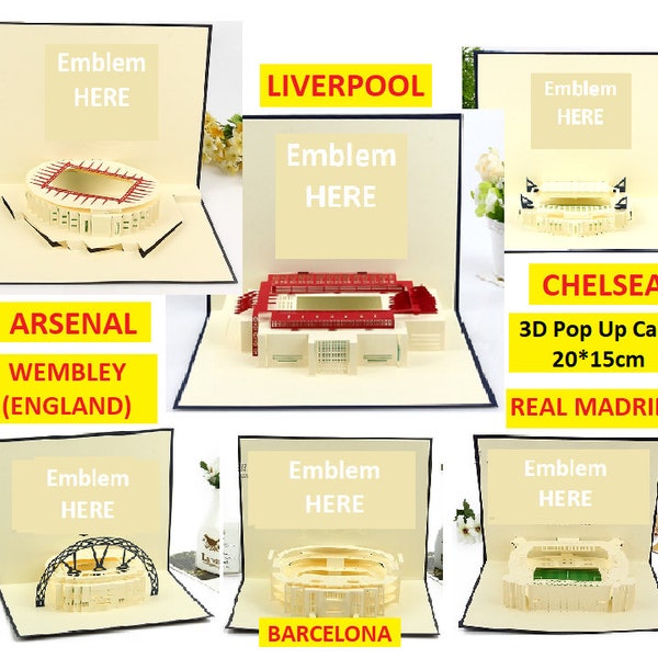 3D-Fußballverein-Stadion-Geburtstags-Valentinskarte, LIVERPOOL, ARSENAL, CHELSEA, England, Barcelona, Real Madrid, Pop-Up-Geburtstagskarte, Grußkarte