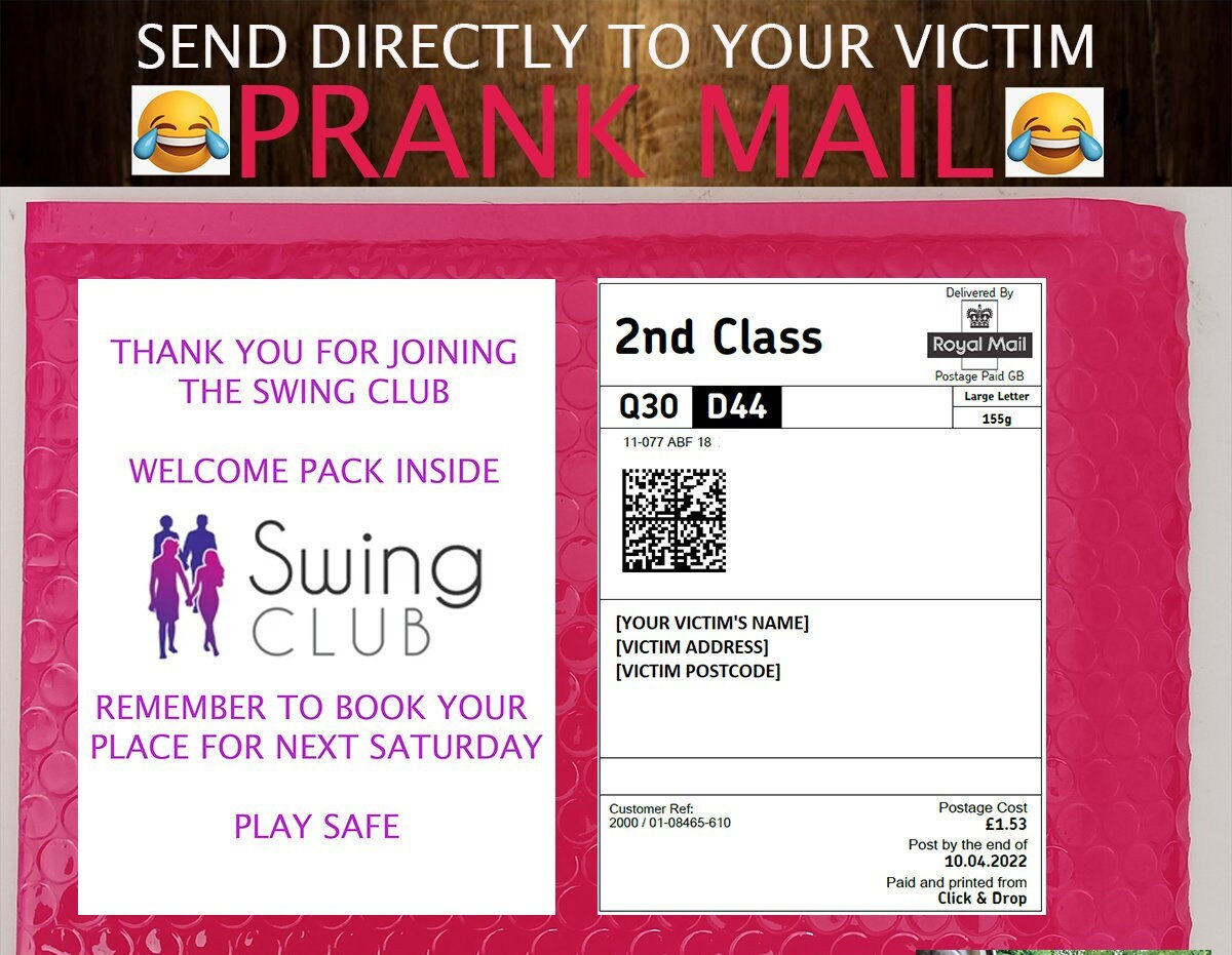 SWINGERS CLUB Prank Mail Postal Package Adult Joke Birthday picture image picture