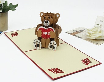 Teddy Bear Birthday Valentine's Day Card Pop up Card Pop Up Birthday Card 3D Anniversary - Handmade