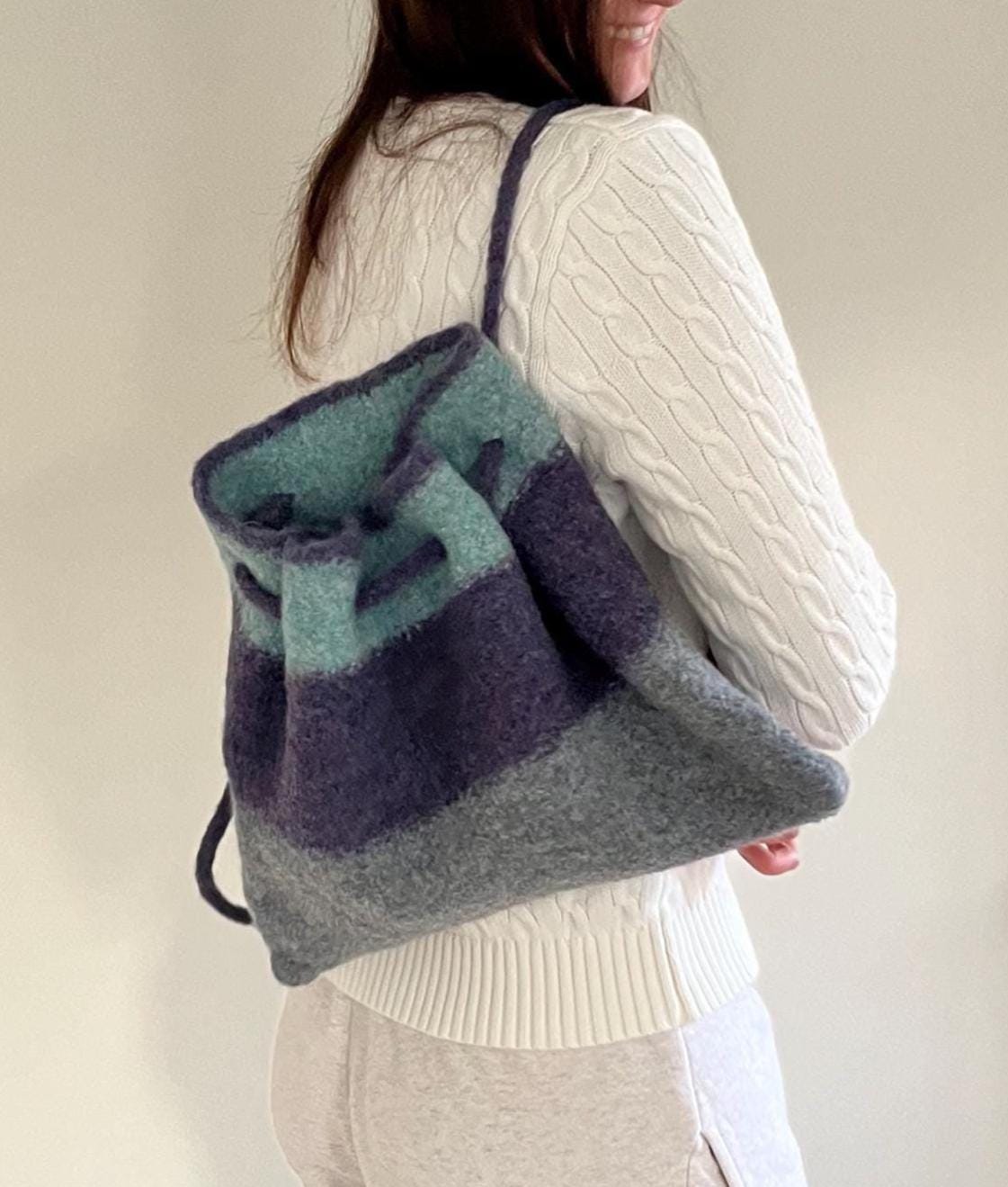 NWT Handmade Wool Felted Medium Size Backpack Black and teal Handmade Wool Felt Backpack with Leather Strap - Felt and Yarn main image 3
