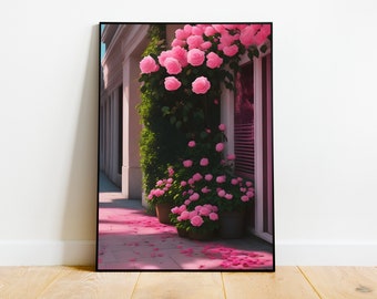 Affiche de fleurs Roses roses dans un style vintage réaliste. Couleurs rose, vert et orange, fichier numérique