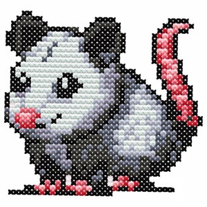 May include: A cute cartoon opossum with black and white fur, pink nose, and a red tail. The opossum is standing on its hind legs with its front paws raised.