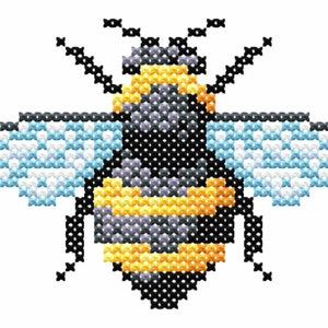 May include: A black and yellow bumblebee with blue and white wings. The bumblebee is depicted in a pixelated style, resembling a cross-stitch pattern.