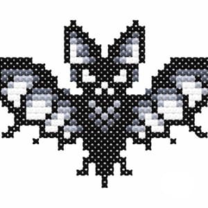May include: Black and white pixel art design of a bat with large wings.