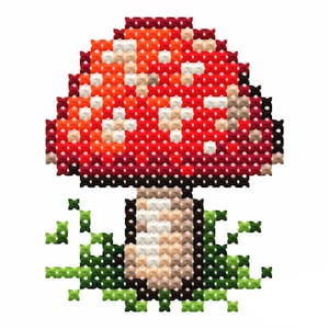 Könnte beinhalten: Ein roter und weißer Pilz mit weißen Punkten, mit einem braunen Stiel und grünem Gras um die Basis.