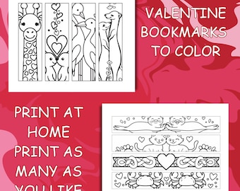 Marcapáginas para colorear con animales lindos para imprimir en el día de San Valentín o cualquier otro día. 8 diseños divertidos para que los niños coloreen o regalen. Imprima en casa.
