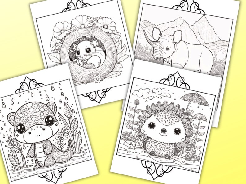 Peut inclure: Quatre pages &agrave; colorier en noir et blanc repr&eacute;sentant de jolis animaux. La premi&egrave;re page montre un planeur &agrave; sucre dans un nid de fleurs. La deuxi&egrave;me page montre un rhinoc&eacute;ros dans un paysage montagneux. La troisi&egrave;me page montre un h&eacute;risson sous un parapluie. La quatri&egrave;me page montre un l&eacute;zard tachet&eacute; dans un &eacute;tang.