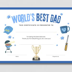 Certificado imprimible del mejor papá del mundo: regalo para el Día del Padre, cumpleaños y Navidad (tamaño A4 y carta EE. UU.) Manualidad divertida para niños, descarga instantánea como recuerdo.