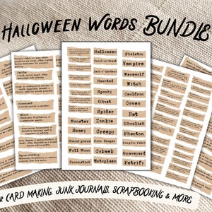 Mots d'Halloween imprimables pour vos journaux indésirables d'Halloween | mots d'Halloween vintage | Définitions d'Halloween | Éphémères d'Halloween