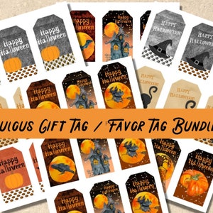 Druckbare Halloween Geschenkanhänger Bundle. Süßes oder Saures Favor Tags für Halloween-Partys. Druckbare Halloween Leckerli Taschenanhänger