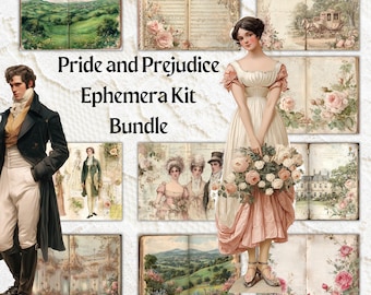 Può includere: Un bundle di kit di efemeridi di Orgoglio e Pregiudizio con illustrazioni vintage. Il kit include immagini di paesaggi, composizioni floreali e figure in abiti d'epoca. Il bundle include anche immagini di libri aperti con disegni floreali e paesaggistici.