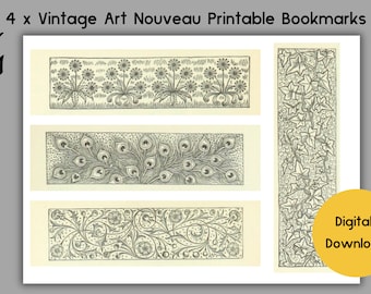 Vintage Art Nouveau Printable Bookmarks: 4x Digital Designs (PDF)