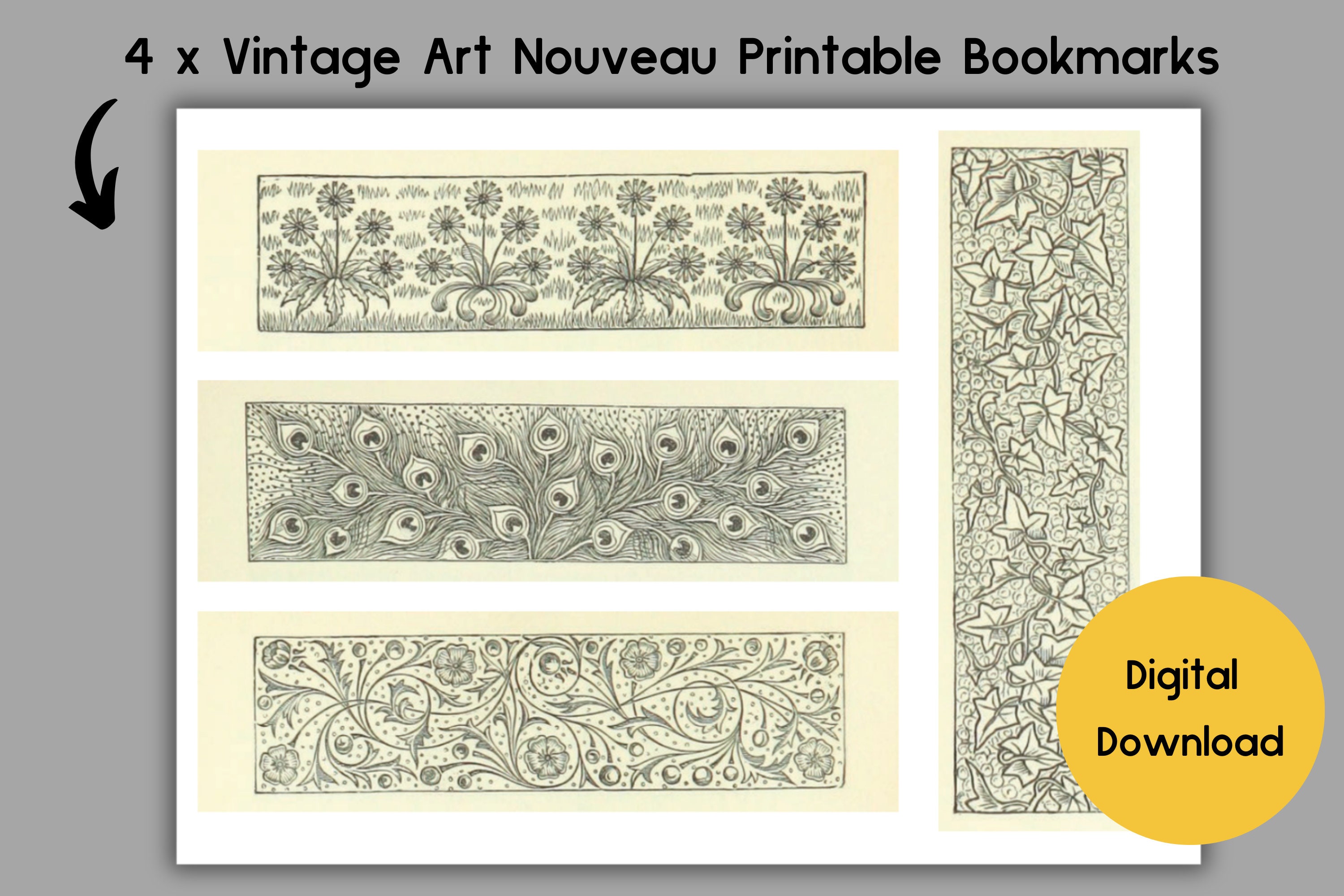 Beautiful Printable Bookmarks. 4 X Vintage Digital Art Nouveau Bookmark ...