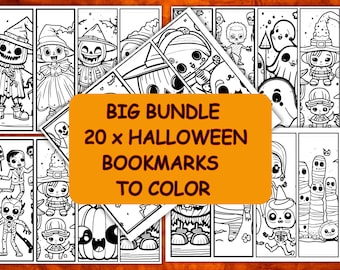 Printable Halloween Bookmarks for Kids to Color.  Big Bundle 20 x Cute Bookmark Designs for Kids to Color In and Use or Gift. Print at Home.