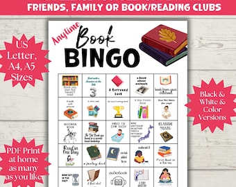 May include: A printable book bingo card with a colorful design. The card features a variety of book-themed squares, such as "Read in the Bath", "A Borrowed Book", and "A Book About Animals". The card is designed for use in a book reading challenge.