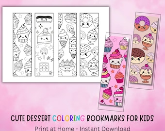 May include: A set of dessert-themed coloring bookmarks for kids. The bookmarks feature illustrations of cupcakes, donuts, ice cream, and other sweets. The text "CUTE DESSERT COLORING BOOKMARKS FOR KIDS" is displayed at the bottom.