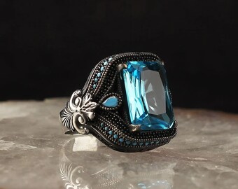 Aquamarine stone 925 silver men's ring gift men's ring class ring luxury handmade unisex elegant handwork, ring with stone