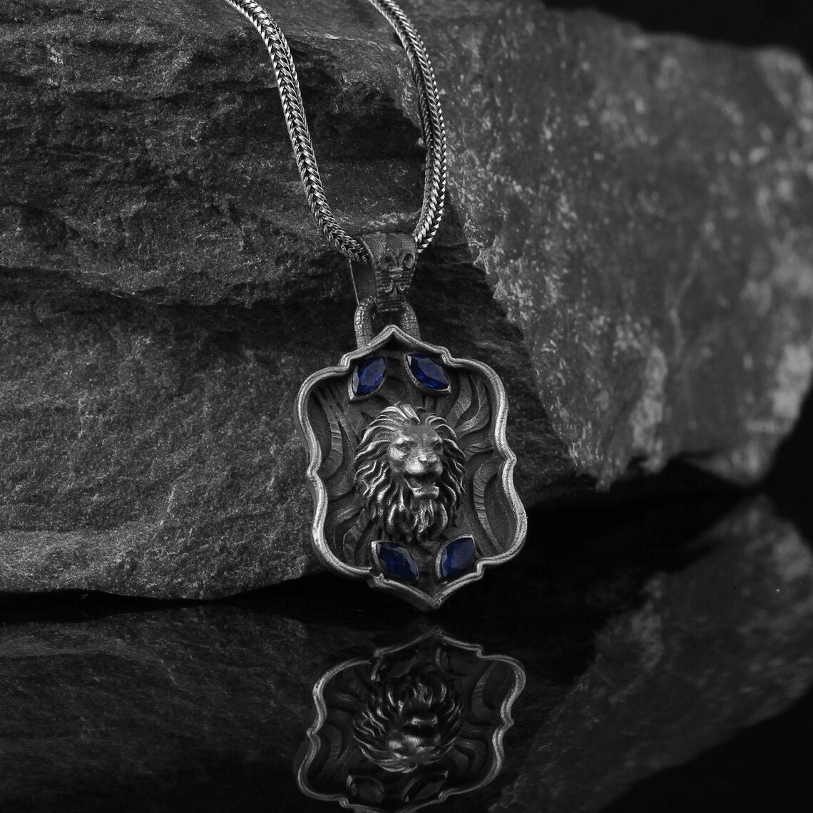 Powerful Silver Black Lion Men Beaded Necklace | Handmade | Ebru Jewelry