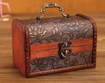 Vintage Wood Handmade Jewelry Box Ring Trinkets Organizer Storage Treasure Chest 