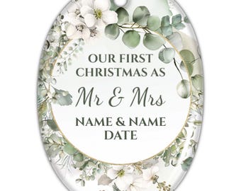 Personalized First Christmas Engaged Oval Ornament - Custom Engagement Photo Ornament - Couple's Christmas Tree Decoration