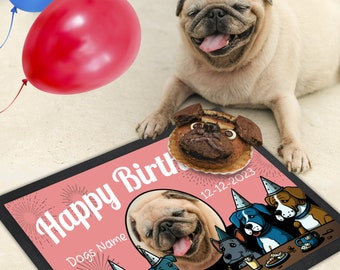 Happy Birthday Pet Food Mat Pink - Dog Bowl Mat - Dog Mat - Pet Food Mat - Personalized Design- Add Your Own Photo Pets Name & Date Of Birth