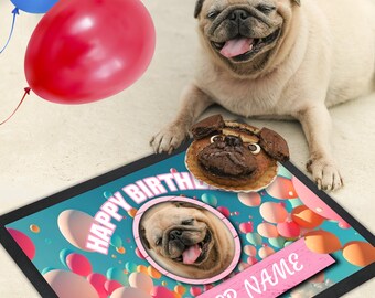 Happy Birthday Pet Food Mat With Pink Balloons - Dog Bowl Mat - Dog Mat - Pet Food Mat - Personalized Design- Add Your Own Photo & Pets Name