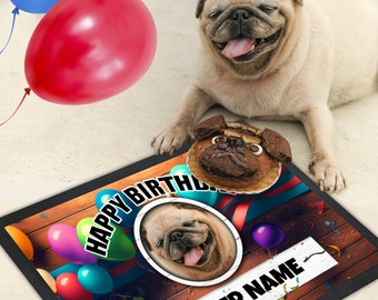 Happy Birthday Pet Food Mat - Dog Bowl Mat - Dog Mat - Pet Food Mat - Personalized Design- Add Your Own Photo Pets Name