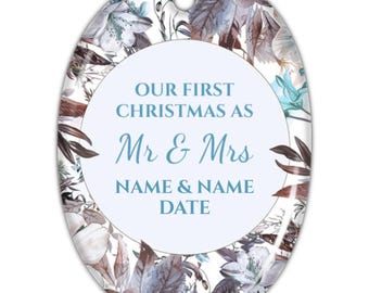 Personalized First Christmas Engaged Oval Ornament - Custom Engagement Photo Ornament - Couple's Christmas Tree Decoration
