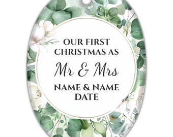 Personalized First Christmas Engaged Oval Ornament - Custom Engagement Photo Ornament - Couple's Christmas Tree Decoration