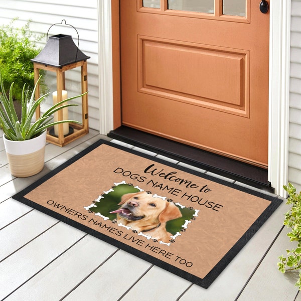 Personalized Dog Doormat- Custom Dog Doormat- Pet Welcome Mat - Dog Lover Gift- Dog Photo Mat,  Add Dogs House Name & Family Name Plus Photo