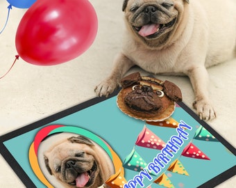 Happy Birthday Pet Food Mat With Colored Bunting - Dog Bowl Mat - Dog Mat - Pet Food Mat - Personalized Design- Add Your Own Photo