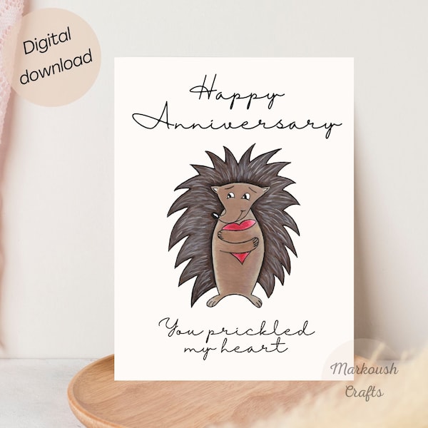 Printable Anniversary card, 1st Anniversary Card, Hedgehog Gifts, Romantic Gifts for Him, Carte Amour, Happy Anniversary Printable