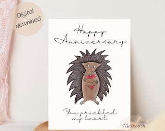 Printable Anniversary card, 1st Anniversary Card, Hedgehog Gifts, Romantic Gifts for Him, Carte Amour, Happy Anniversary Printable
