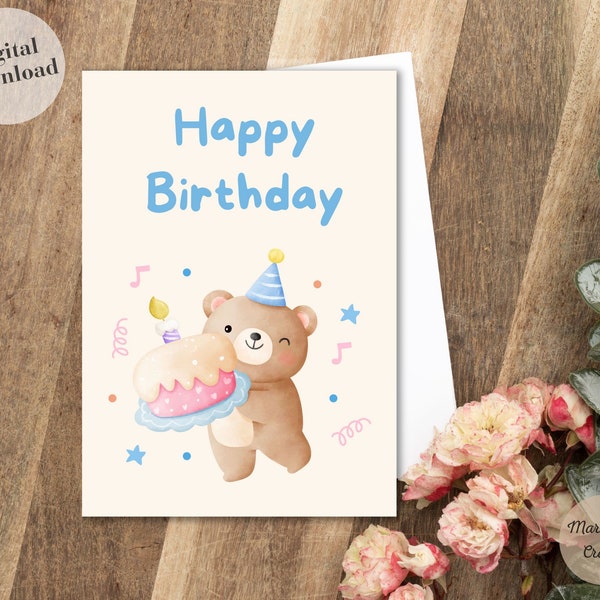 Cute Bear Birthday Card Printable, Teddy Bear Postcard, Digital Happy Bday Card for kids, Teddy Bear Gifts, Carte de voeux nounours